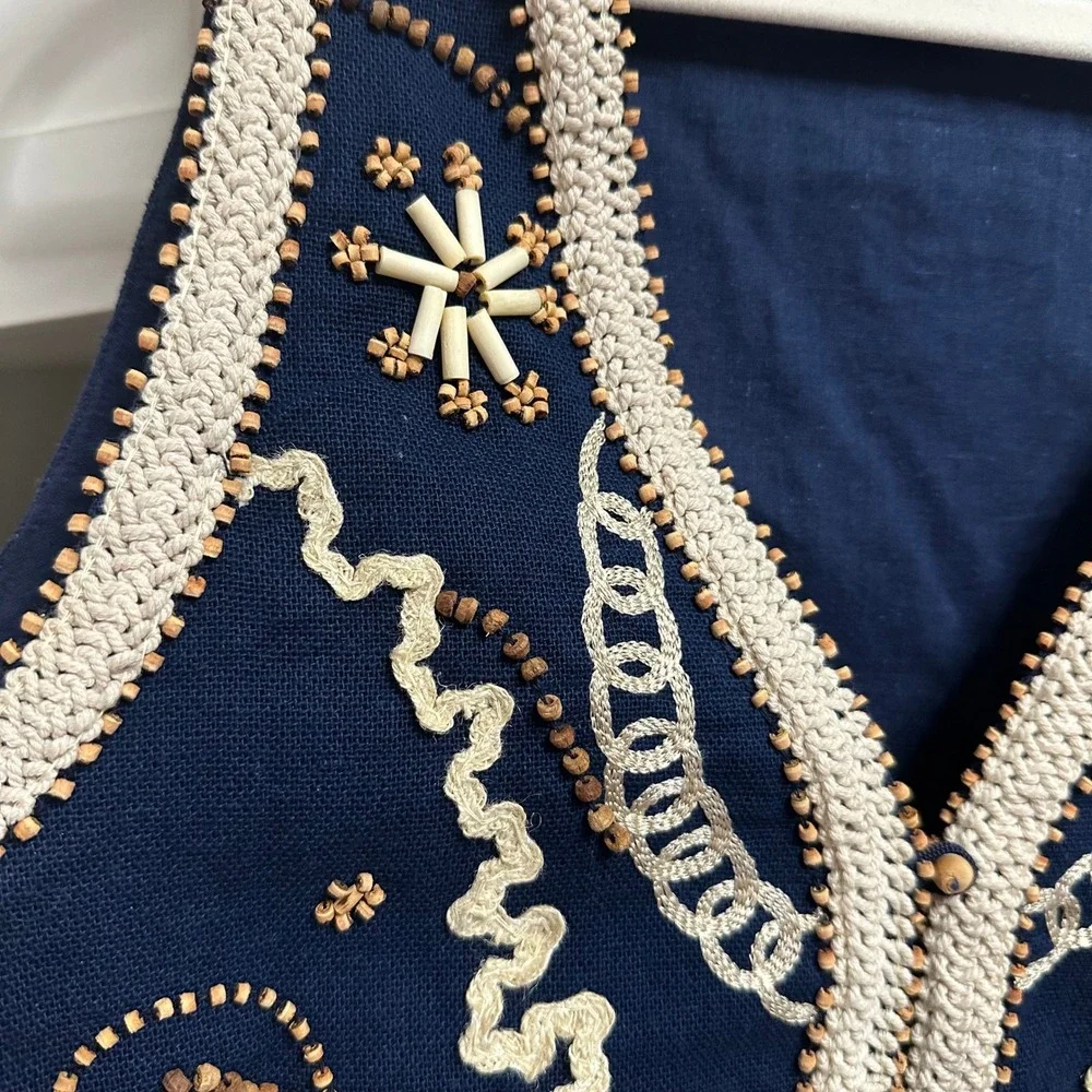 Vintage Nautical Beaded Vest Womens L Navy Wood Buttons Boho Embroidered V Neck